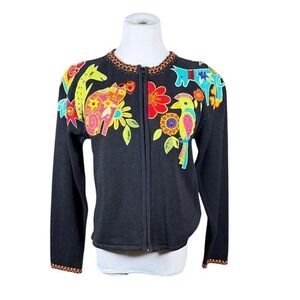 Arriviste Womens Black Ramie Cotton Animal Embroidered Zip Cardigan Sweater M
